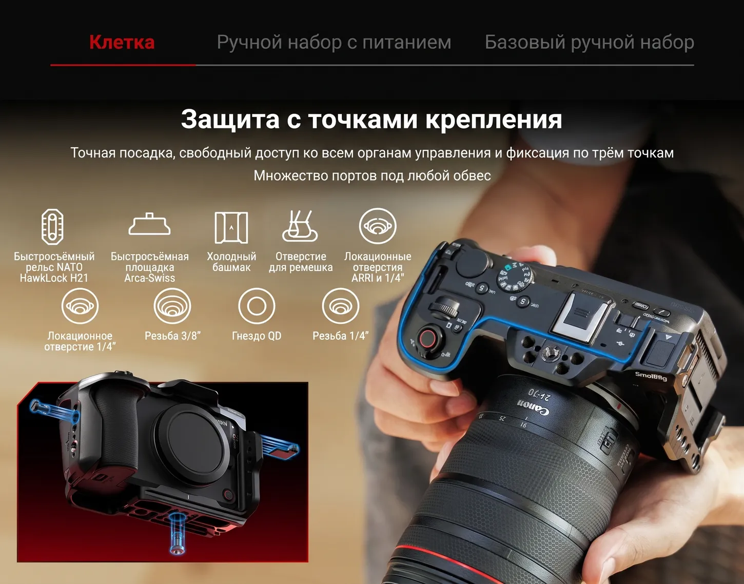 Точки крепления клетки SmallRig HawkLock для Canon EOS R6 V