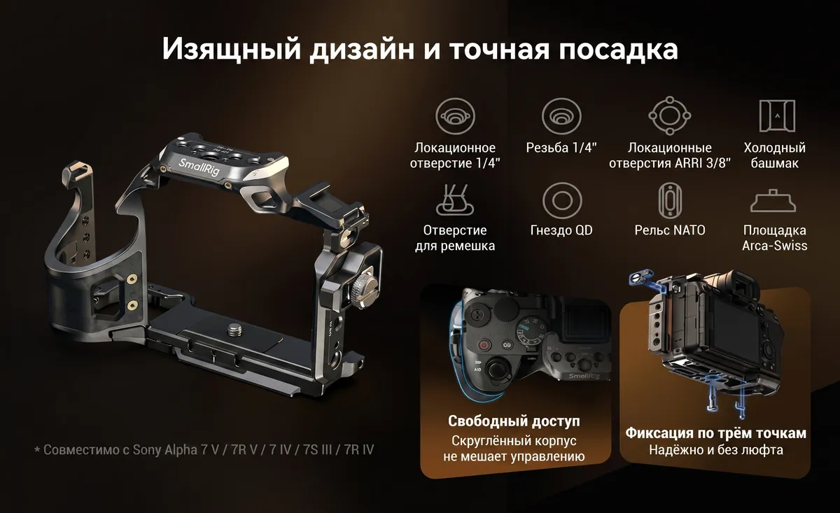 Точки крепления клетки SmallRig для Sony A7 V: резьбы 1/4