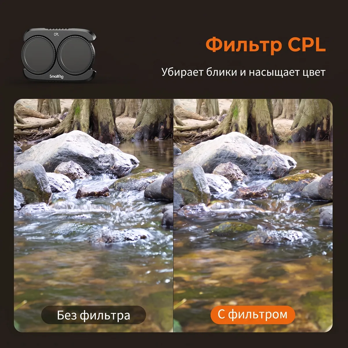 Фильтр CPL набора SmallRig 6477 убирает блики с воды