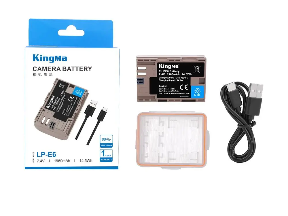 Комплект поставки: аккумулятор Kingma LP-E6, кабель USB-C, защитный кейс и упаковка