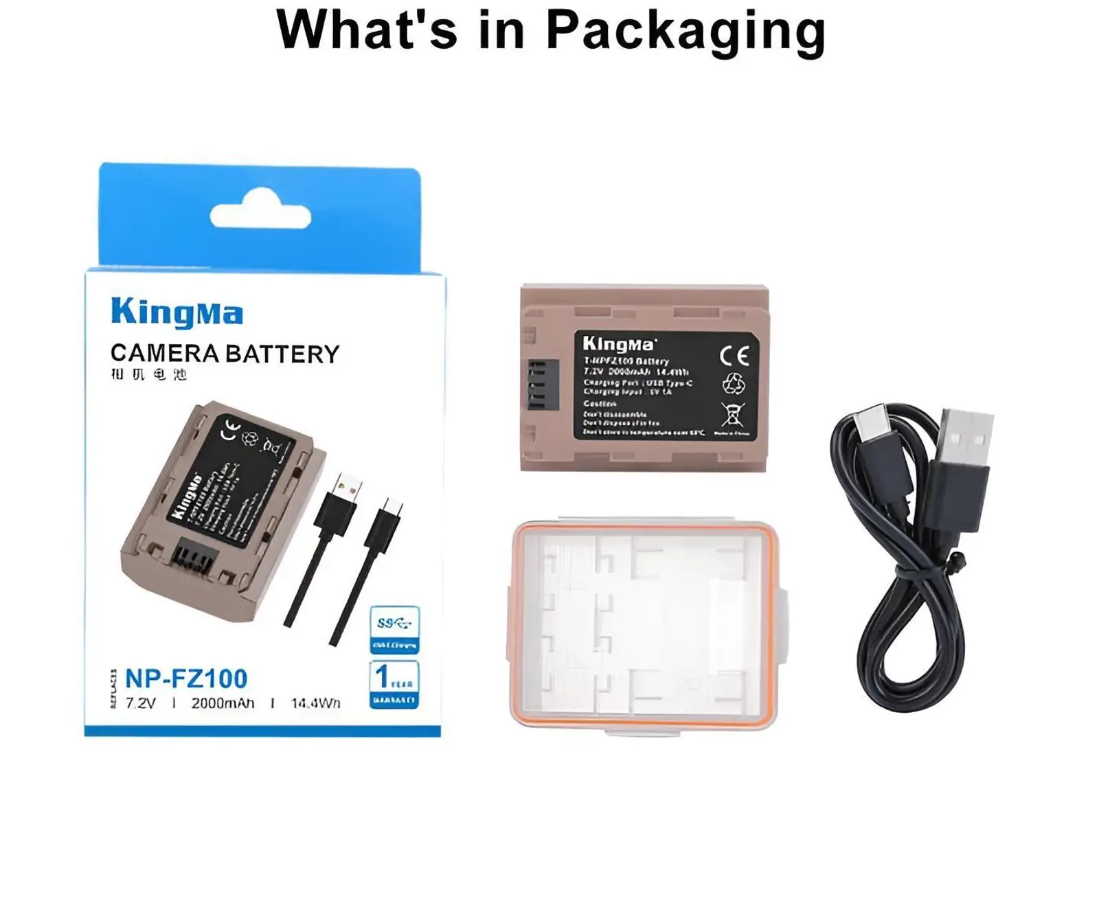 Комплект поставки: аккумулятор Kingma NP-FZ100, кабель USB-C, защитный кейс и упаковка