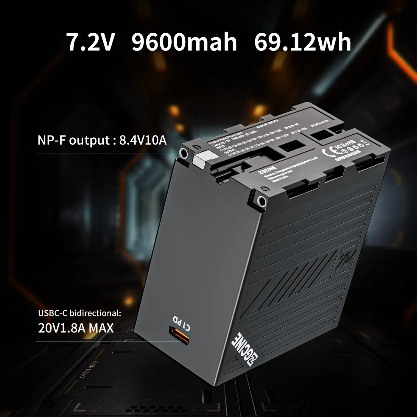 Аккумулятор ZGCINE BT-NPF970 с обозначениями портов NP-F и USB-C