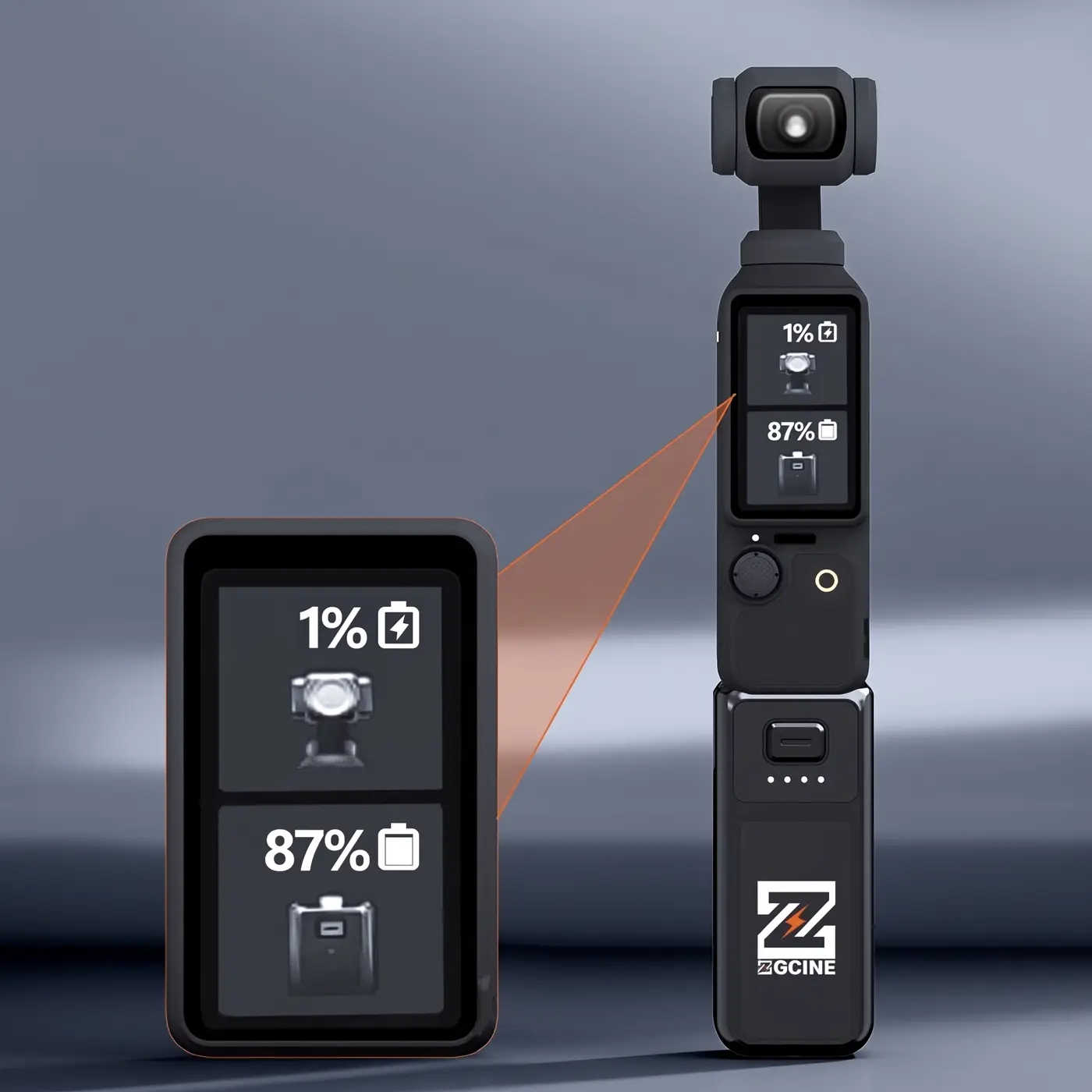 Экран DJI Osmo Pocket 3 показывает уровень заряда камеры и ручки ZGCINE PK-H01