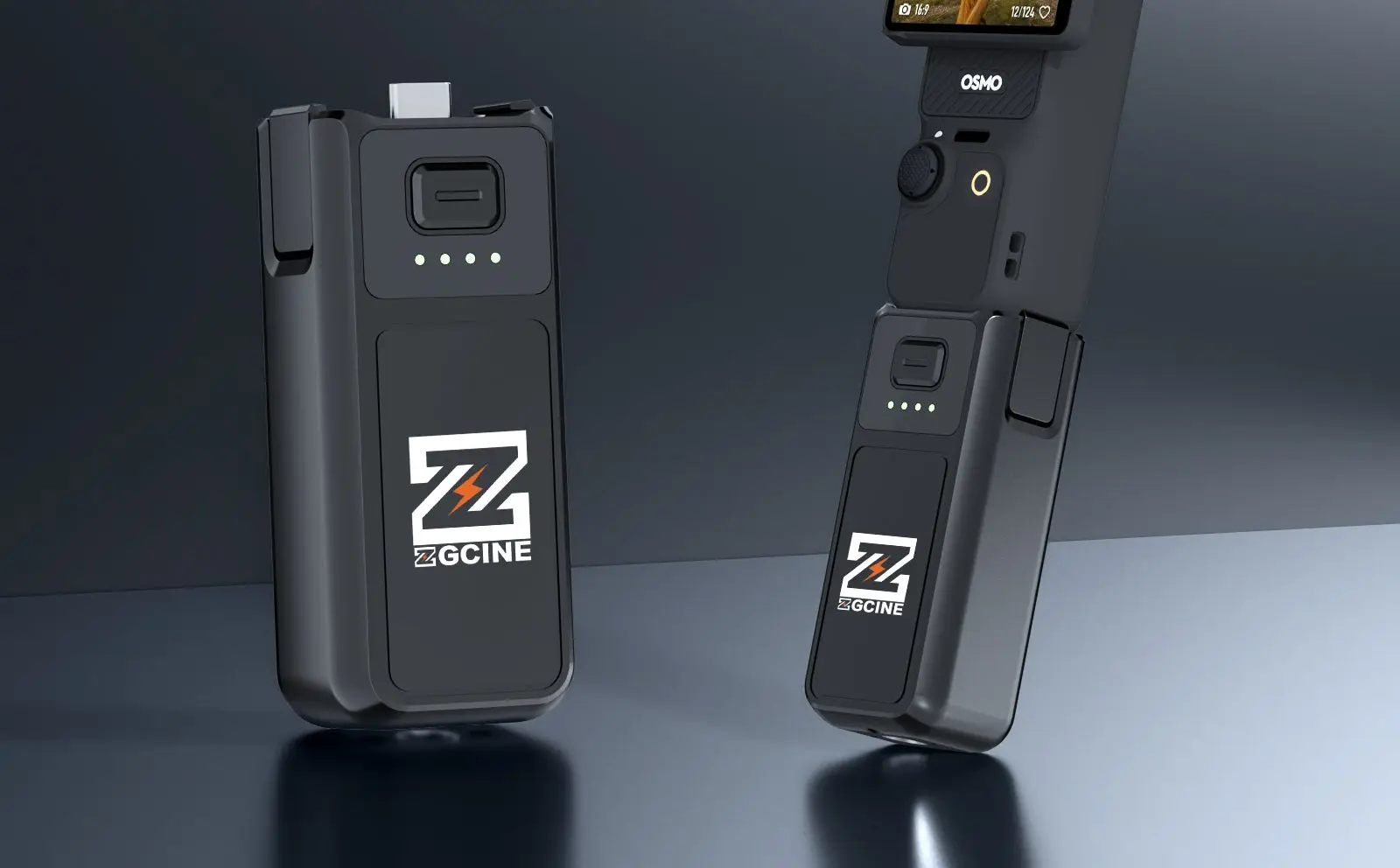 Батарейная ручка ZGCINE PK-H01 отдельно и установленная на DJI Osmo Pocket 3, вид на тёмном подиуме