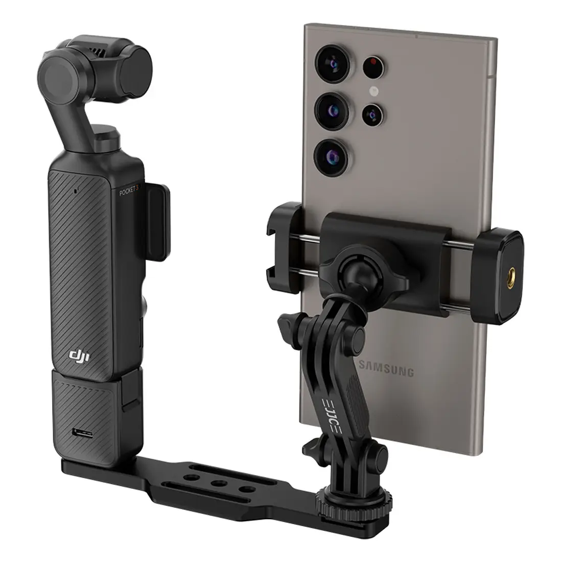 Смартфон в держателе JJC HG-UN1 рядом с камерой DJI Osmo Pocket 3