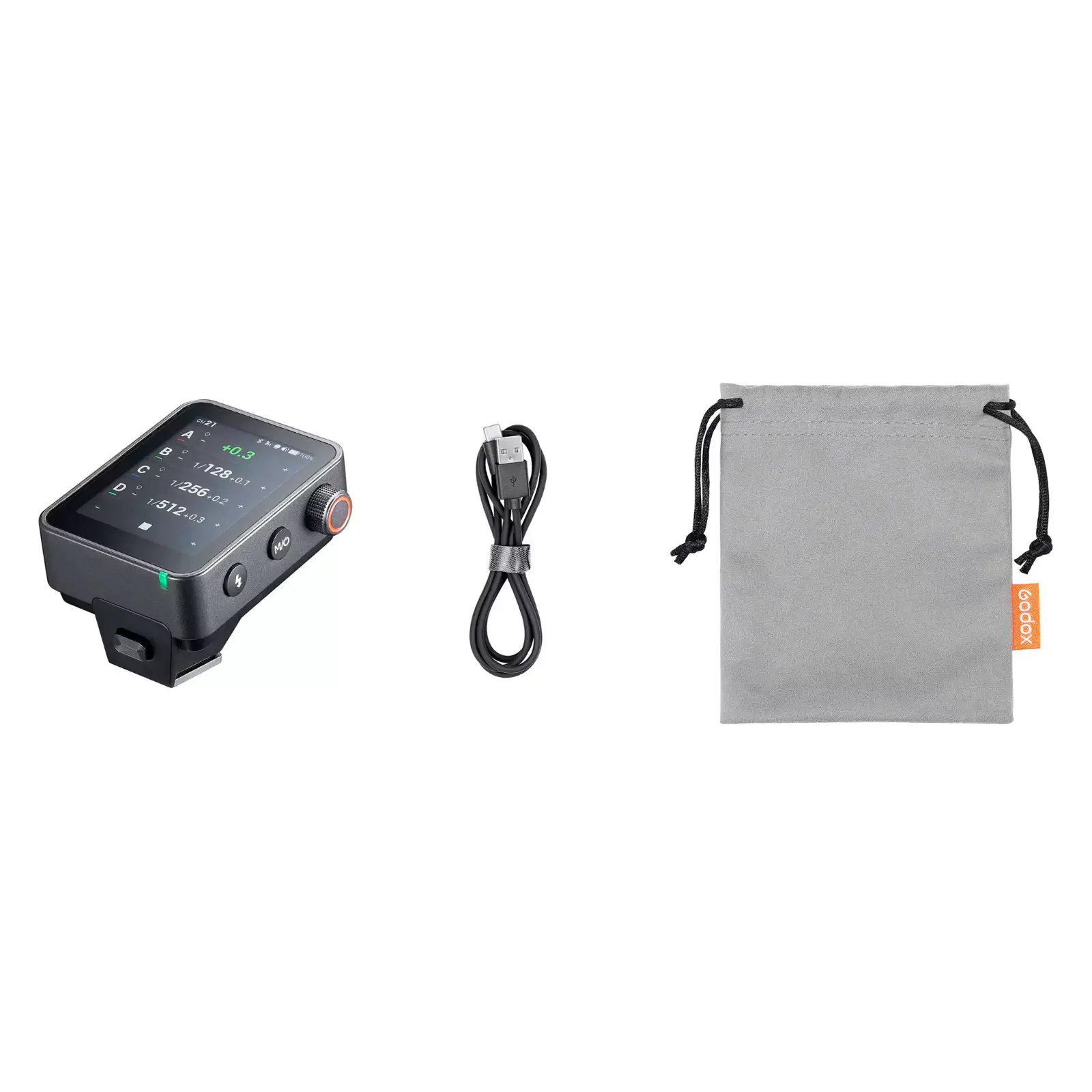 Комплект поставки Godox X3 Pro F: синхронизатор, кабель USB-C и чехол