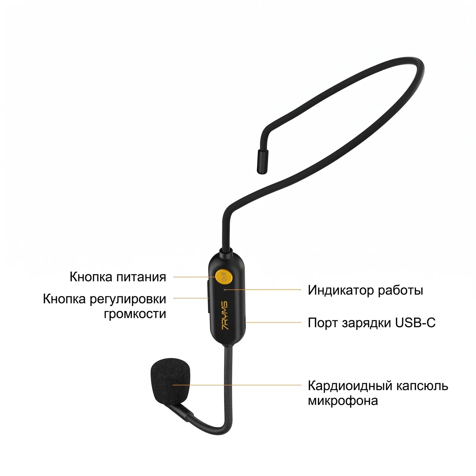 Беспроводная головная гарнитура 7RYMS WA1 — кардиоидный капсюль, кнопка питания и индикатор работы