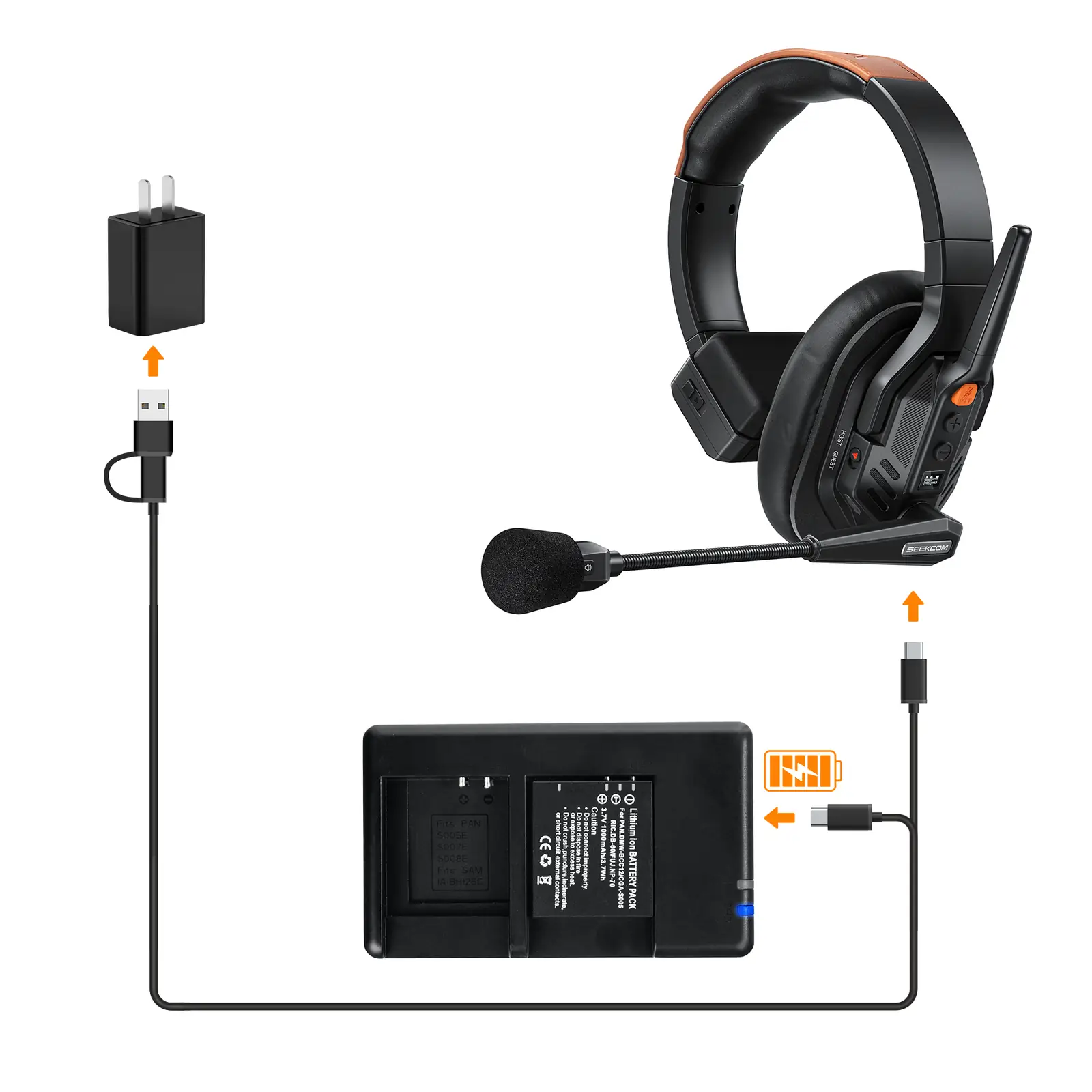 Два способа зарядки Comica Seekcom S1: зарядная база и кабель USB-C