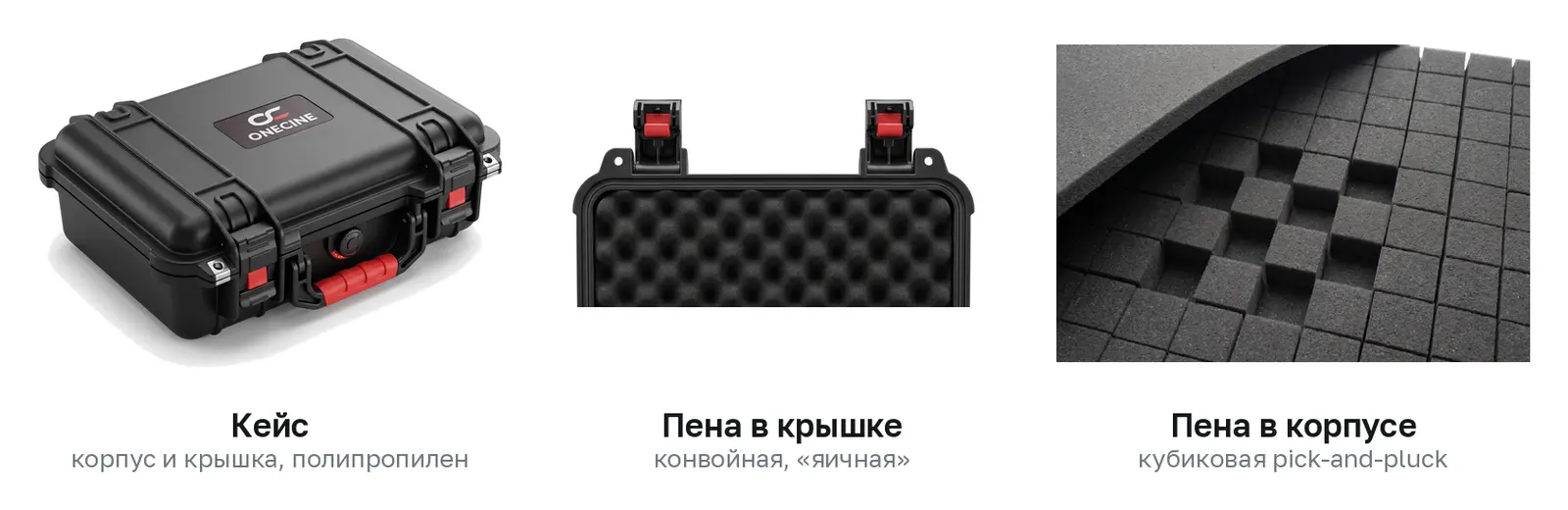 Комплектация кейса OneCine Vault 2709: кейс, конвойная пена в крышке, кубиковая пена в корпусе