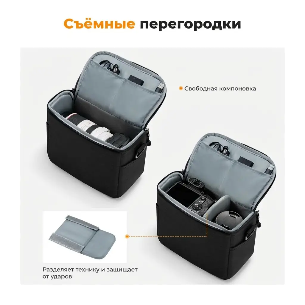 Съёмная перегородка камерного слинга K&F 5L (KF13.179): разделение на гнёзда для камеры и объектива, защита техники от ударов
