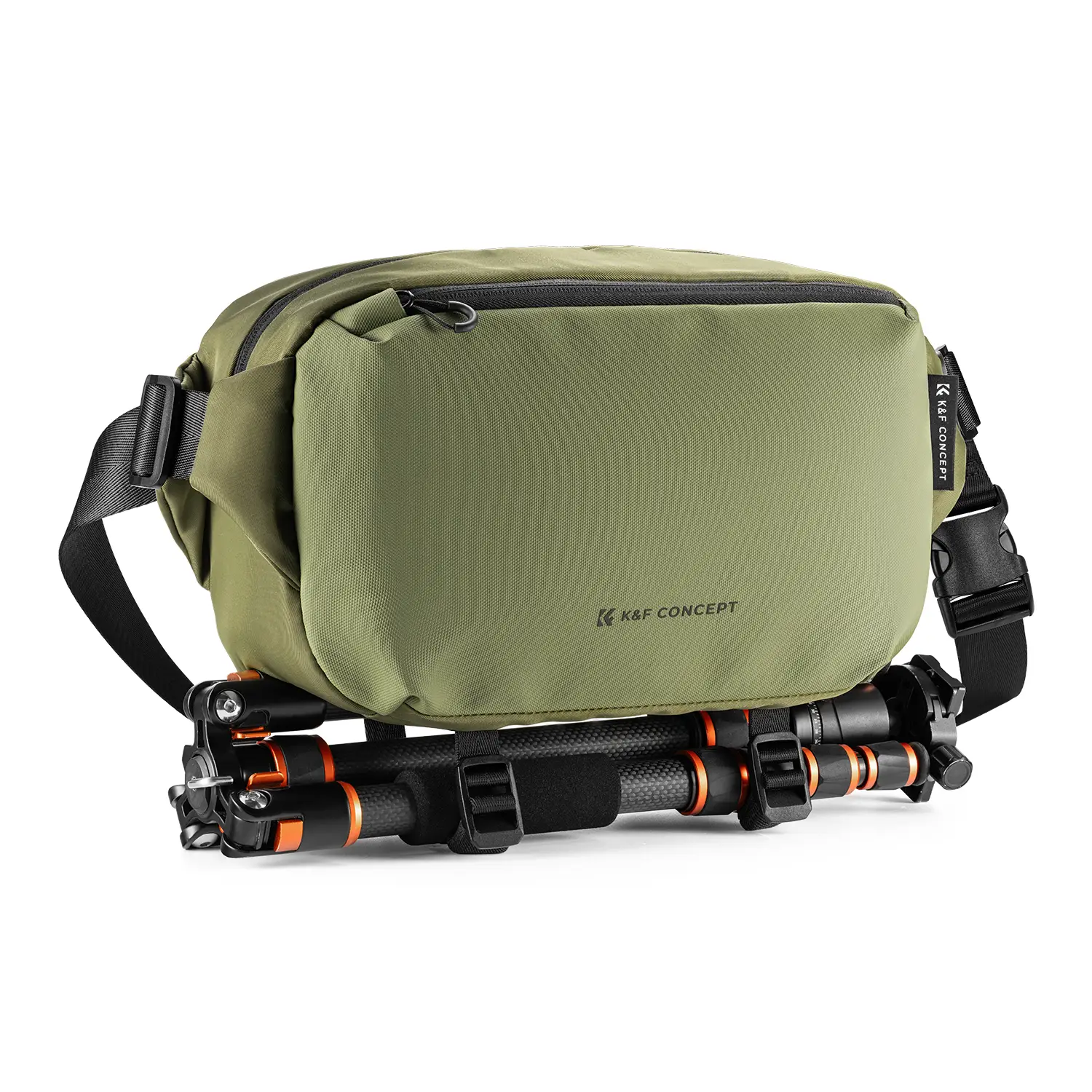 Фотосумка-слинг K&F Concept Alpha Sling 10L (KF13.157V2), цвет хаки — общий вид со штативом на нижних стропах