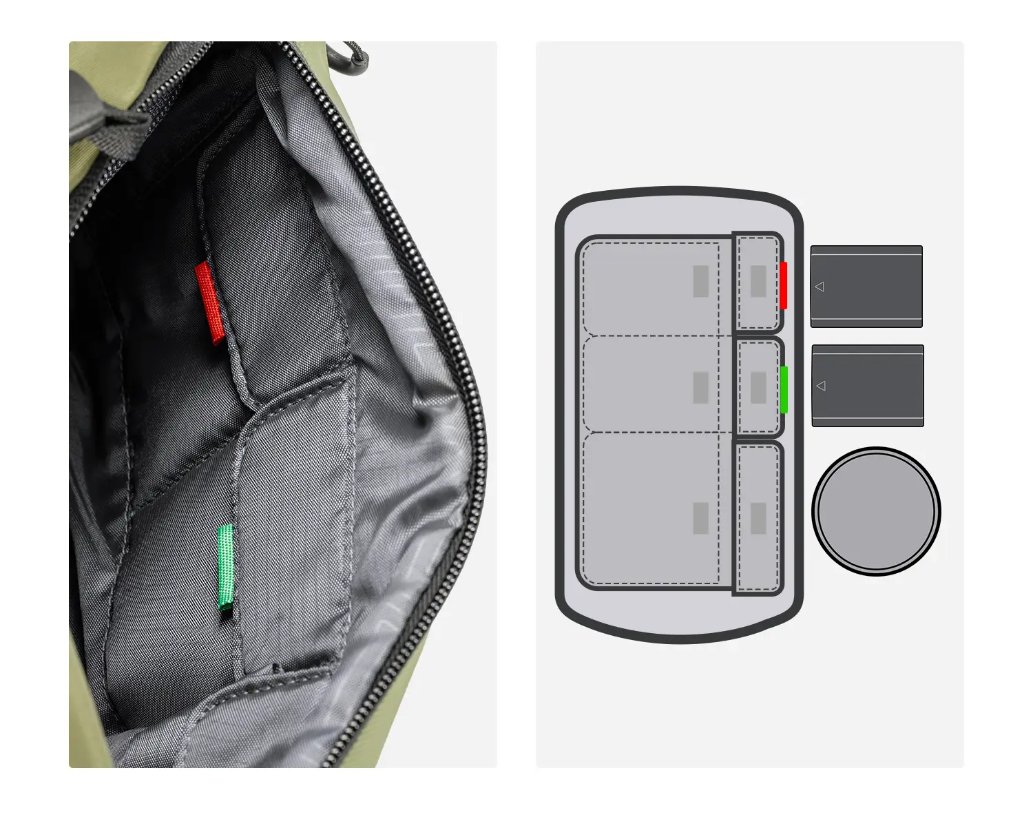 Внутренние отделения сумки K&F Alpha Sling 10L: эластичные петли для аккумуляторов, карт памяти и светофильтров с цветными язычками