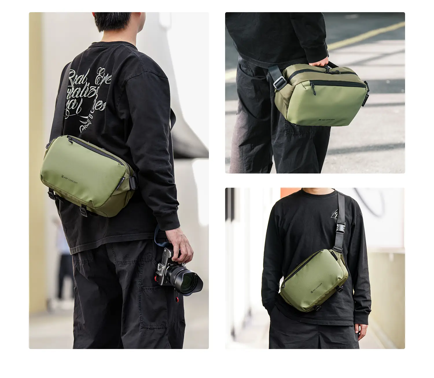 Способы ношения сумки K&F Alpha Sling 10L (хаки): через тело, на плече со спины и в руке за боковую ручку