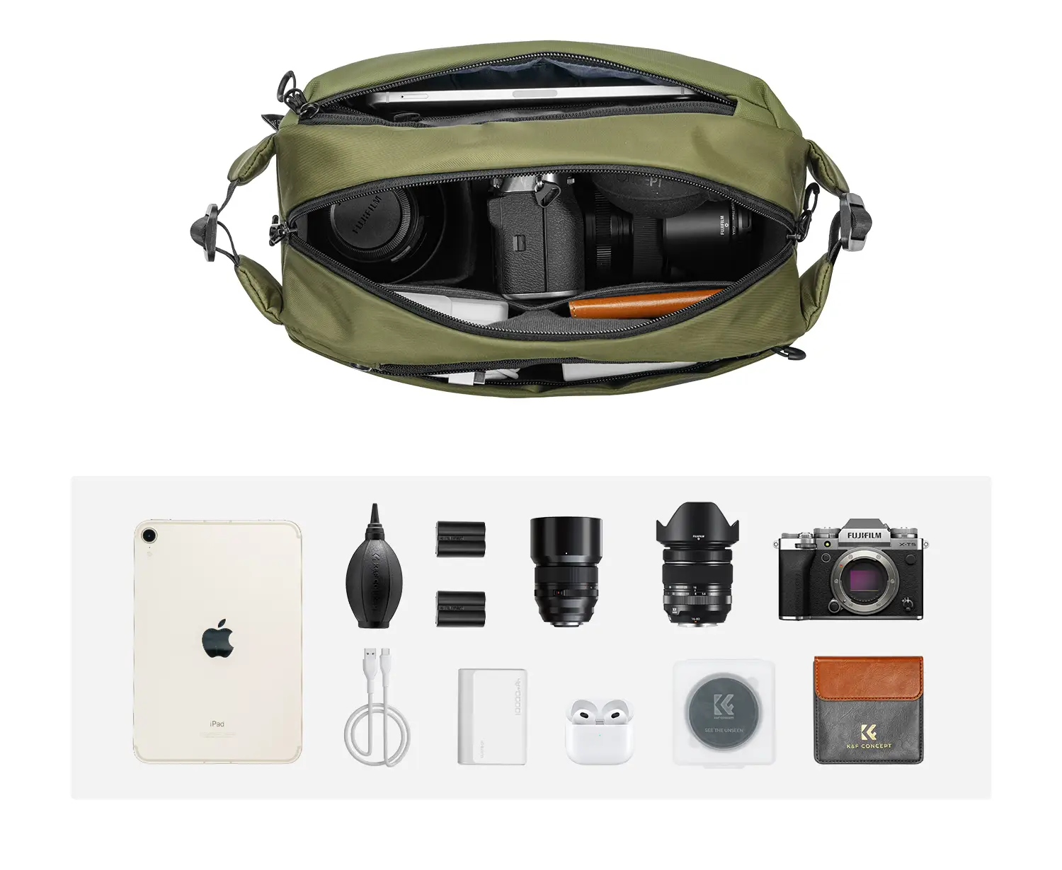 Вместимость сумки K&F Alpha Sling 10L (хаки): камера Fujifilm с двумя объективами, планшет, повербанк, фильтры и аккумуляторы; внешний размер 33×22×15 см