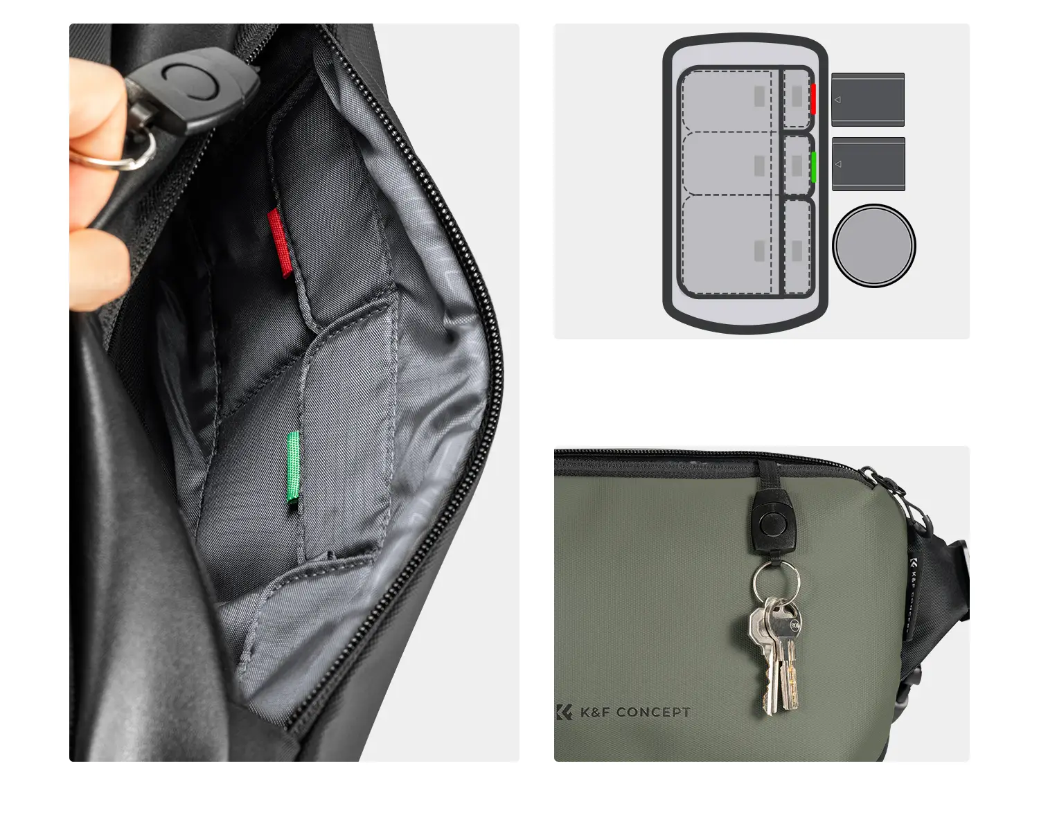 Внутренние отделения сумки K&F Alpha Sling 10L: эластичные петли для аккумуляторов, карт памяти и светофильтров с цветными язычками