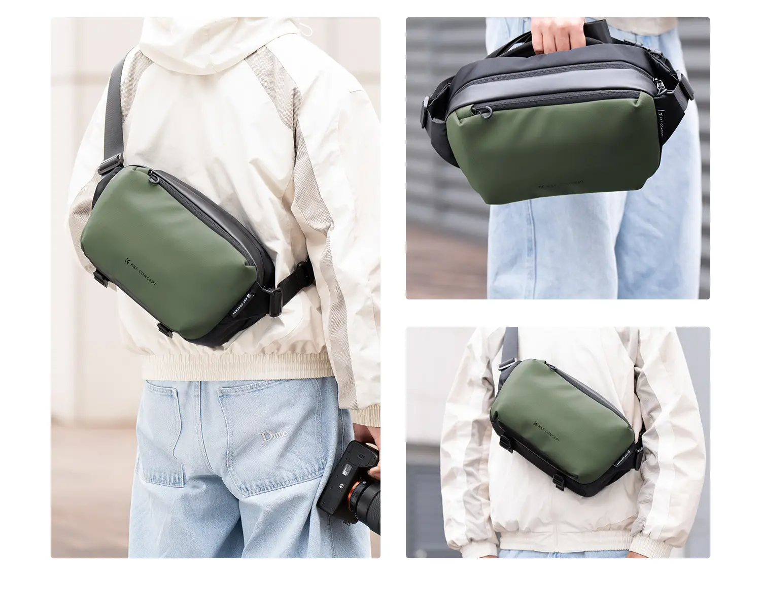 Способы ношения сумки K&F Alpha Sling 10L (чёрный + хаки): через тело, на плече со спины и в руке за боковую ручку