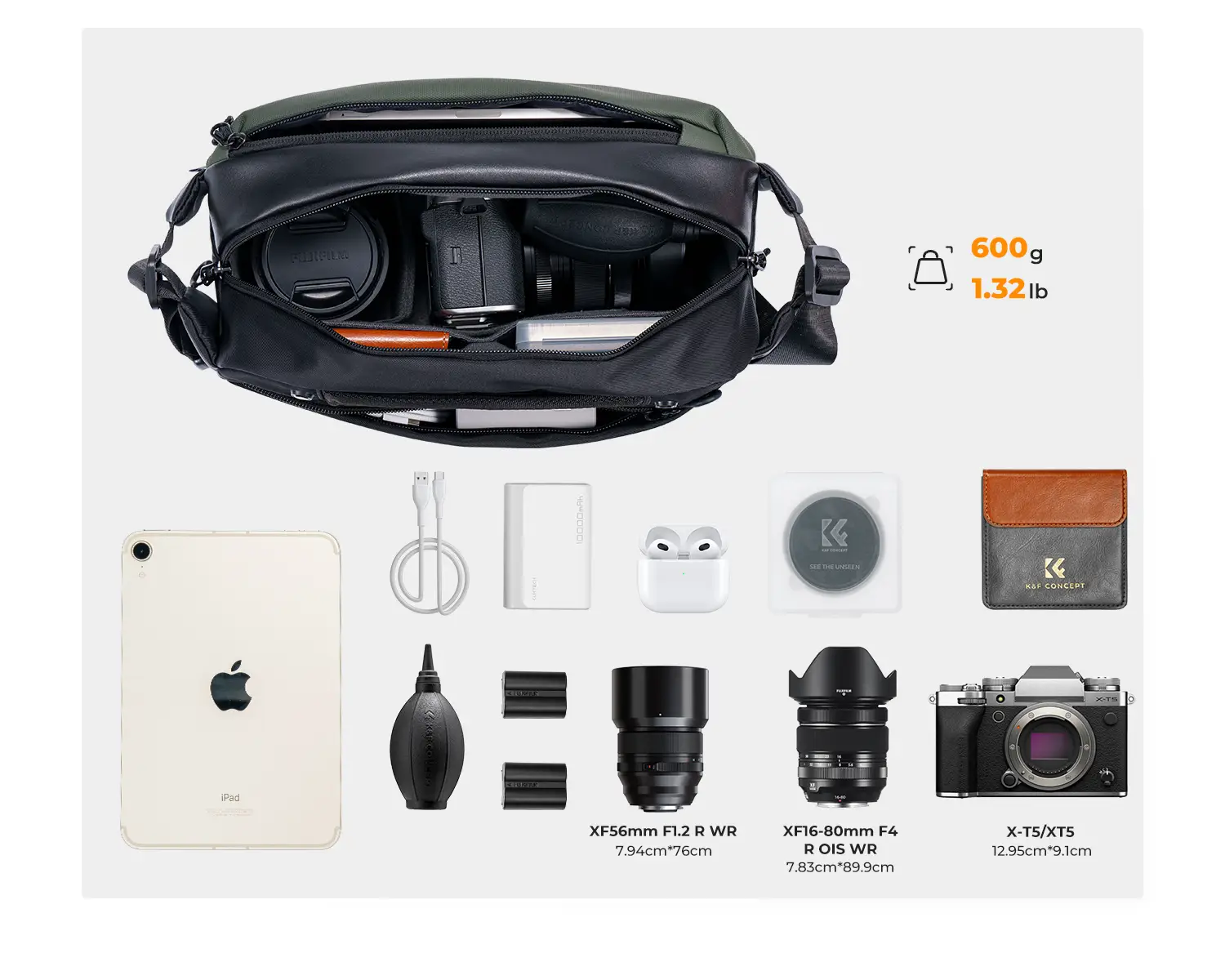 Вместимость сумки K&F Alpha Sling 10L (чёрный + хаки): камера Fujifilm с двумя объективами, планшет, повербанк, фильтры и аккумуляторы; внешний размер 33×22×15 см