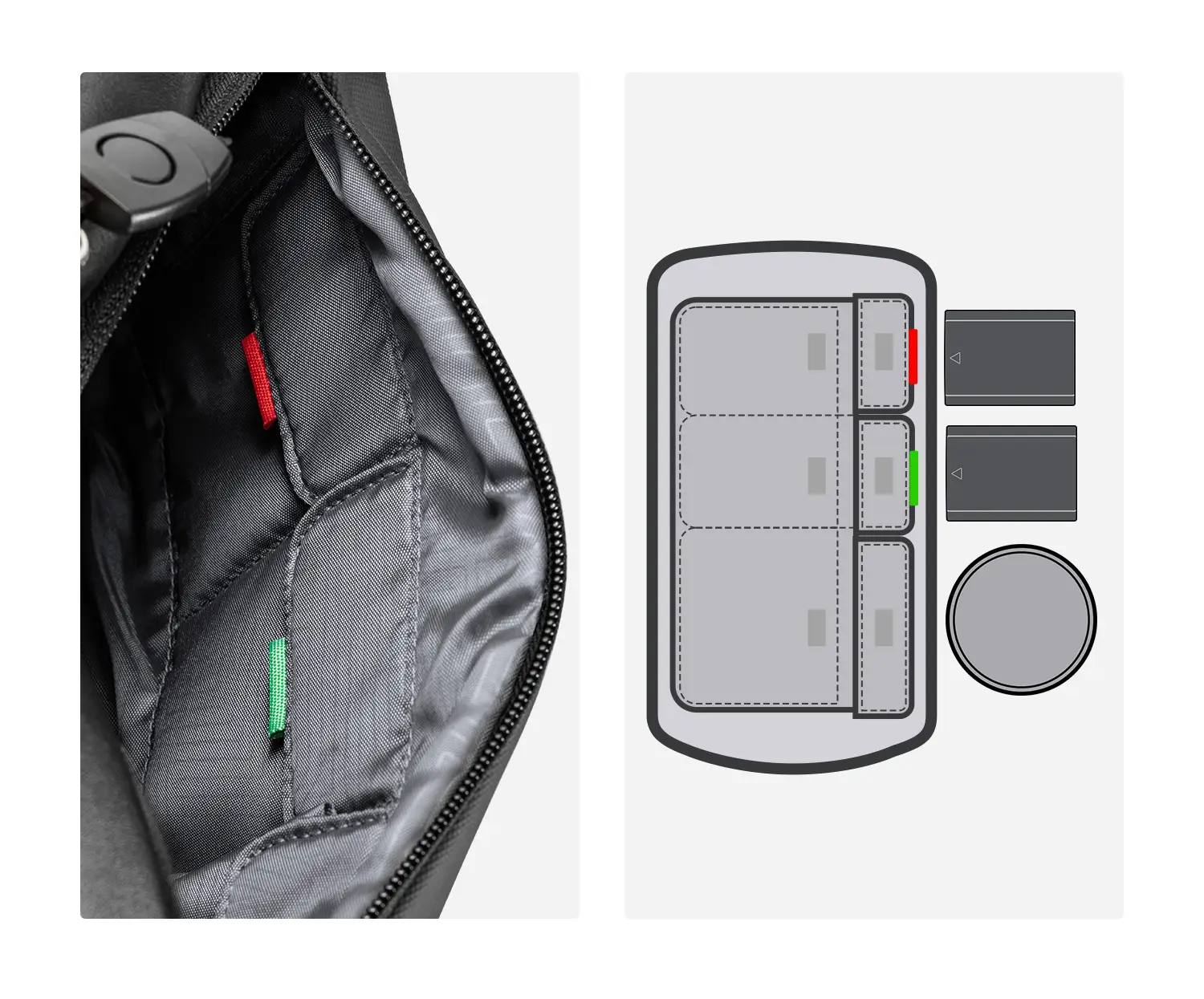 Внутренние отделения сумки K&F Alpha Sling 10L: эластичные петли для аккумуляторов, карт памяти и светофильтров с цветными язычками