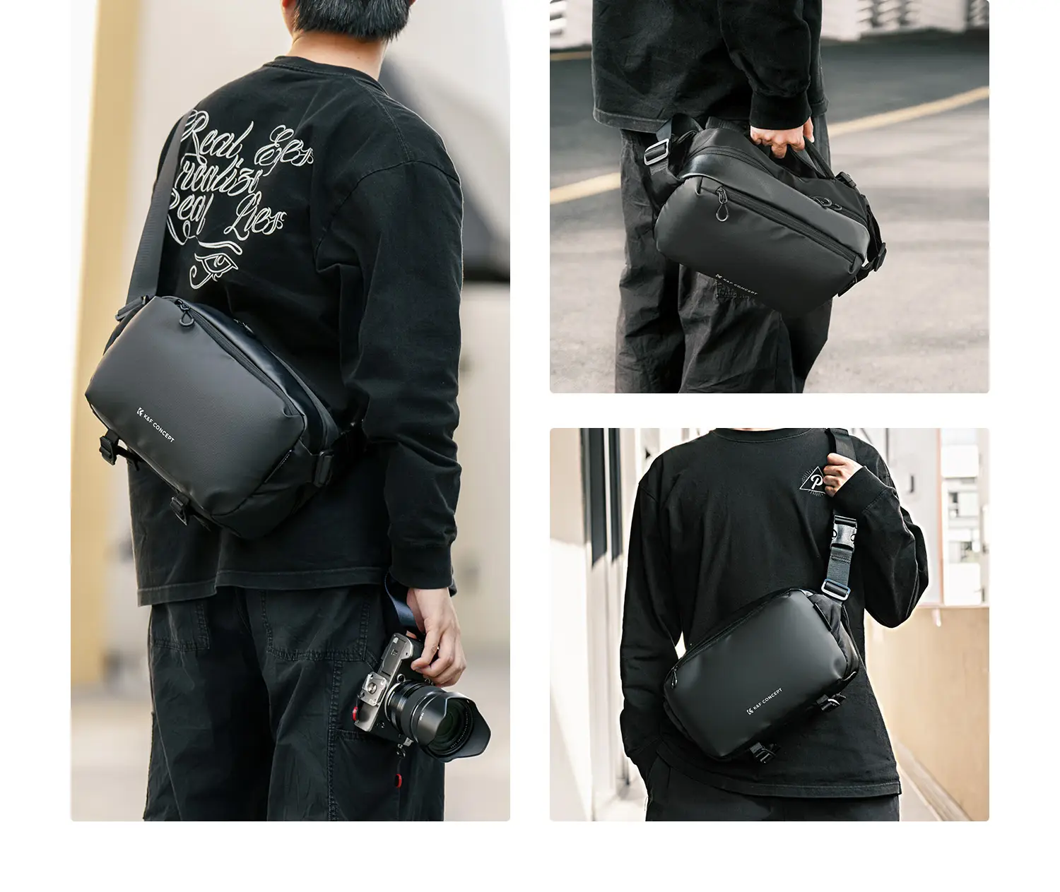 Способы ношения сумки K&F Alpha Sling 10L: через тело, на плече со спины и в руке за боковую ручку