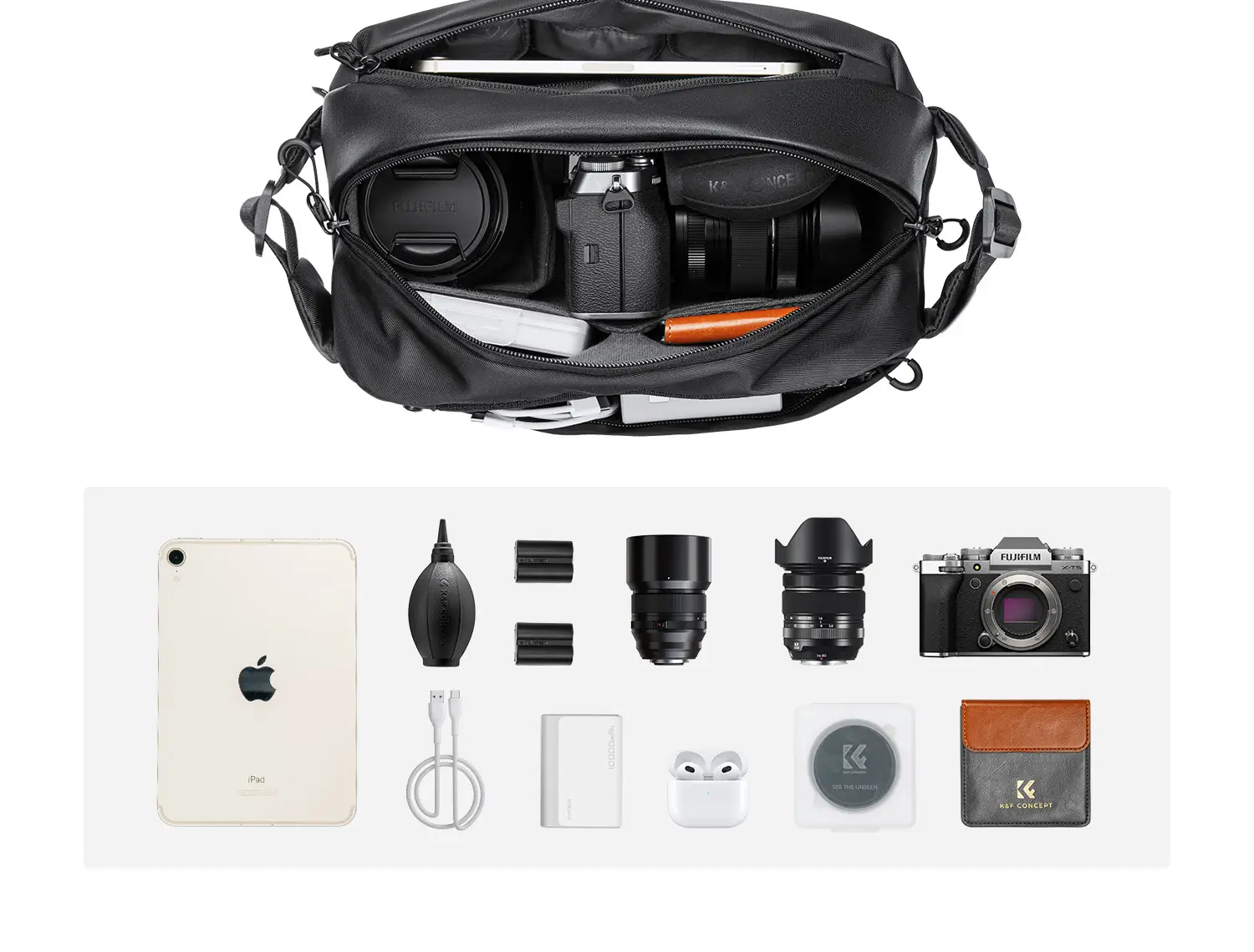 Вместимость сумки K&F Alpha Sling 10L: камера Fujifilm с двумя объективами, планшет, повербанк, фильтры и аккумуляторы; внешний размер 33×22×15 см