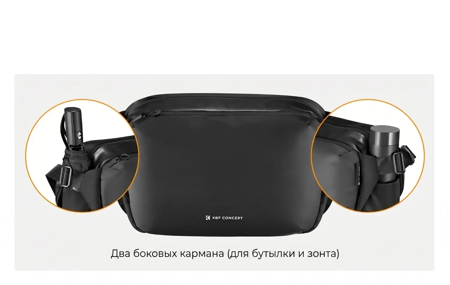 Боковые карманы фотосумки K&F Alpha Sling 12L для бутылки и зонта