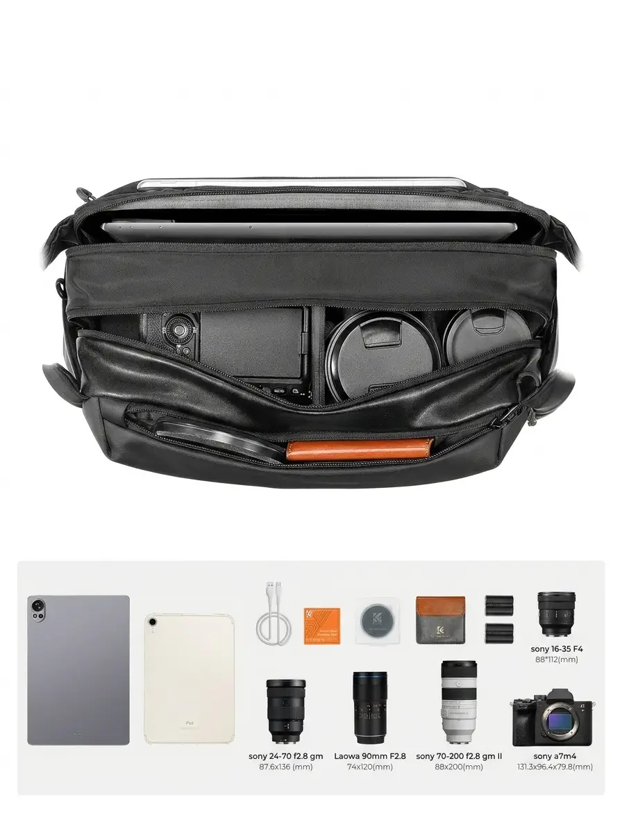 Вместимость фотосумки K&F Alpha Sling 12L: камера, объективы, планшет и ноутбук