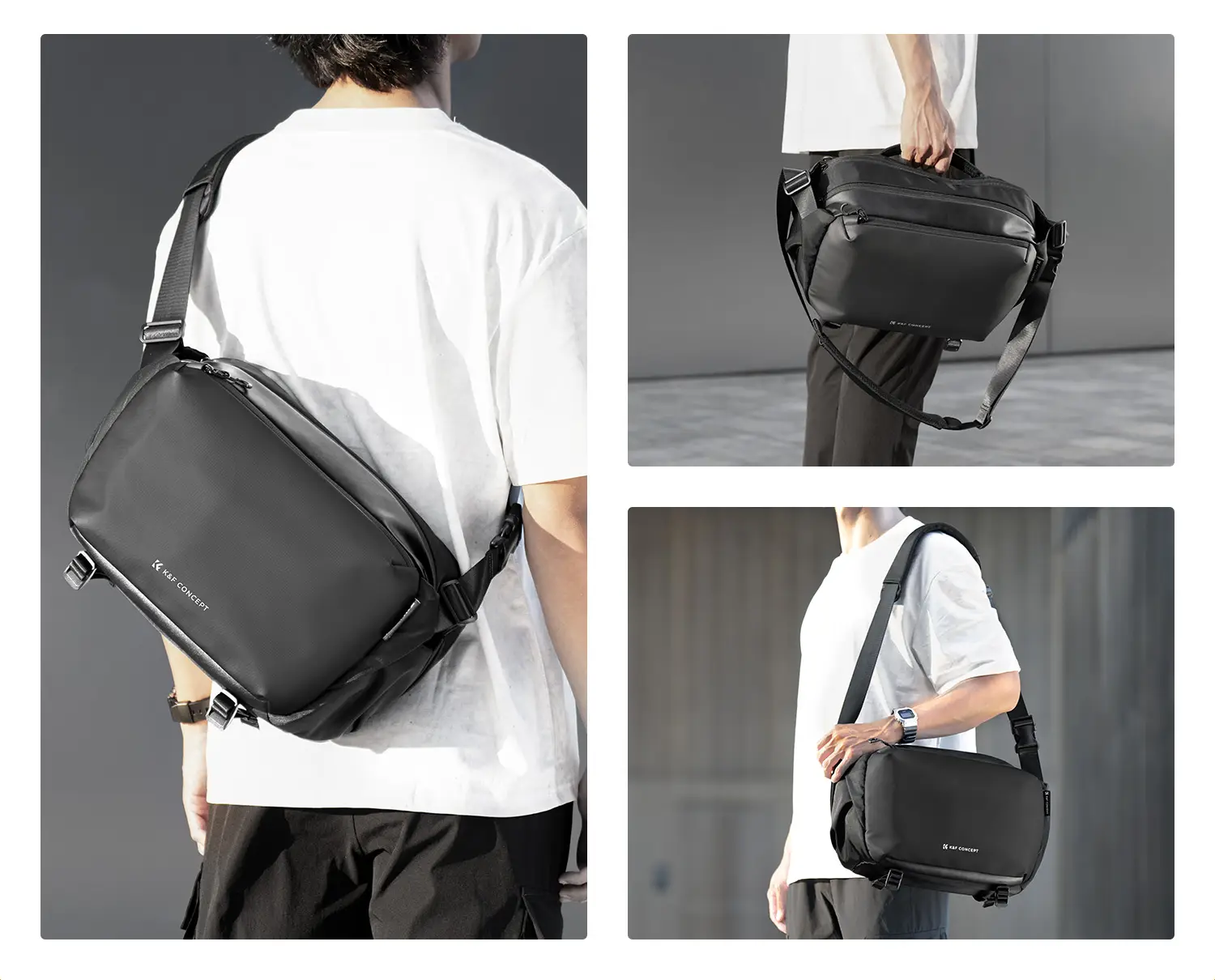 Три способа ношения фотосумки K&F Alpha Sling 12L: через плечо, кросс-боди и в руке
