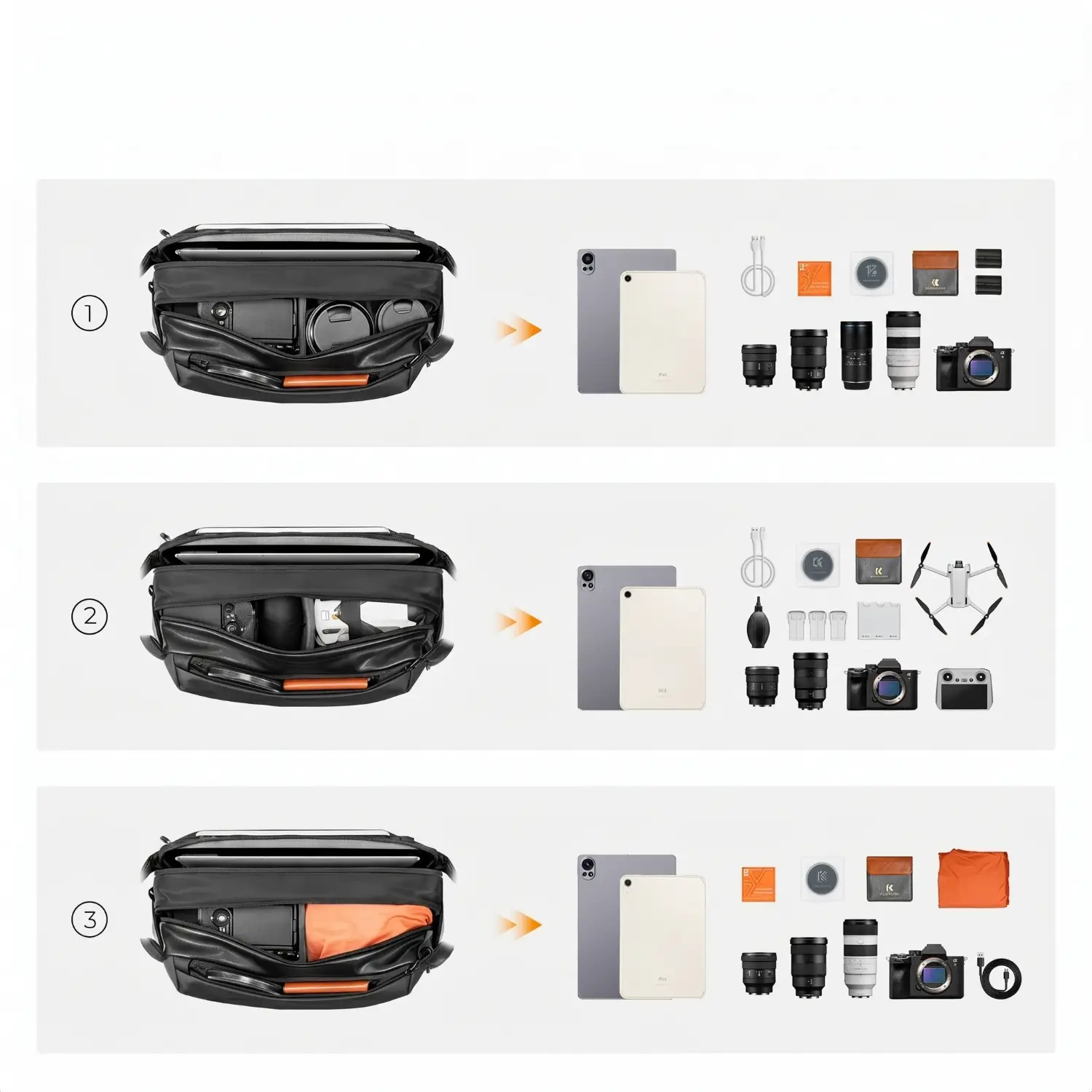 Варианты укладки техники в фотосумку K&F Alpha Sling 12L