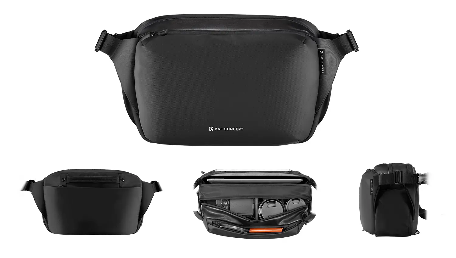 Фотосумка K&F Alpha Sling 12L с разных сторон: спереди, сзади, сбоку и в открытом виде