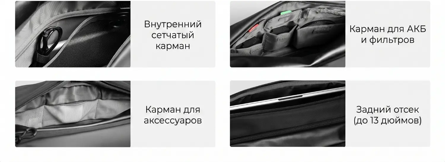 Внутренние карманы фотосумки K&F Alpha Sling 12L: сетчатый, для АКБ и фильтров, для аксессуаров