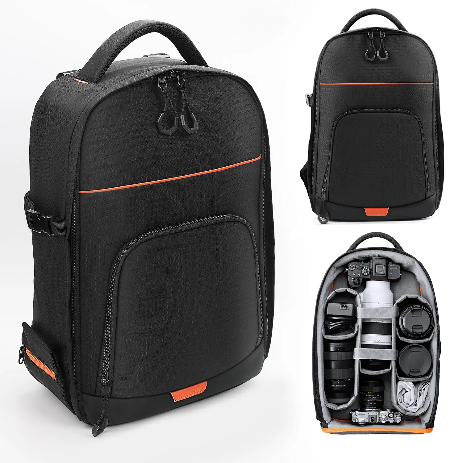 Фоторюкзак K&F Concept KF13.205 18L: вид спереди, сзади и уложенная техника