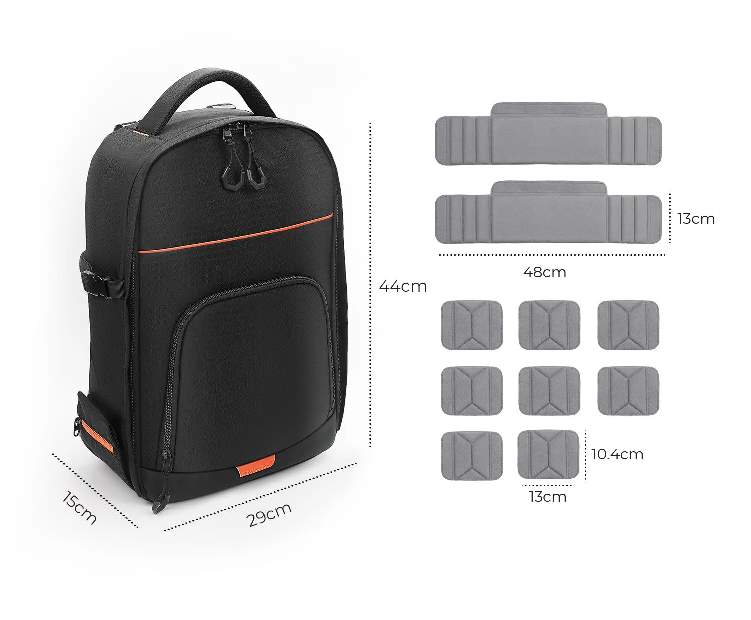 Габариты фоторюкзака K&F Concept KF13.205: 29×15×44 см и комплект EVA-перегородок