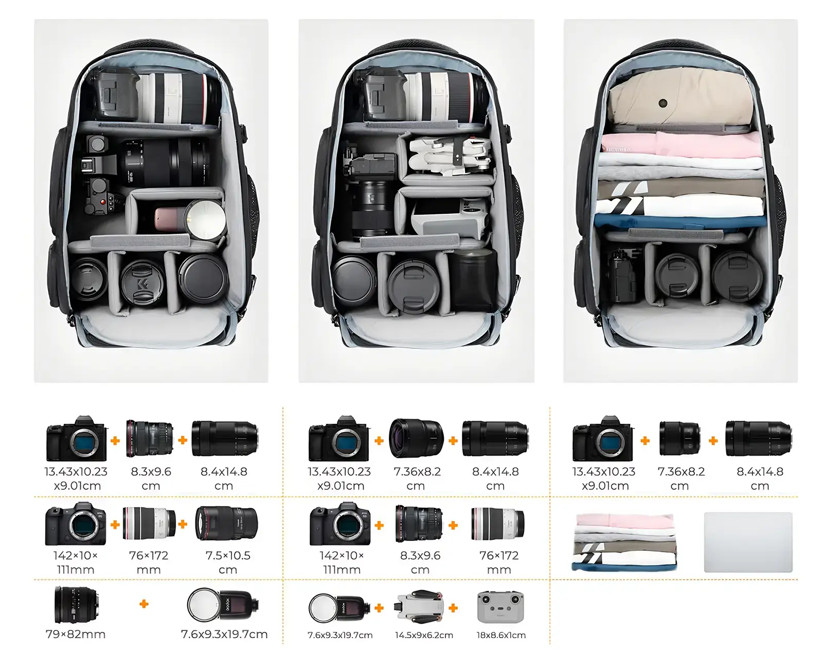 Варианты укладки техники в фоторюкзак K&F Concept KF13.164