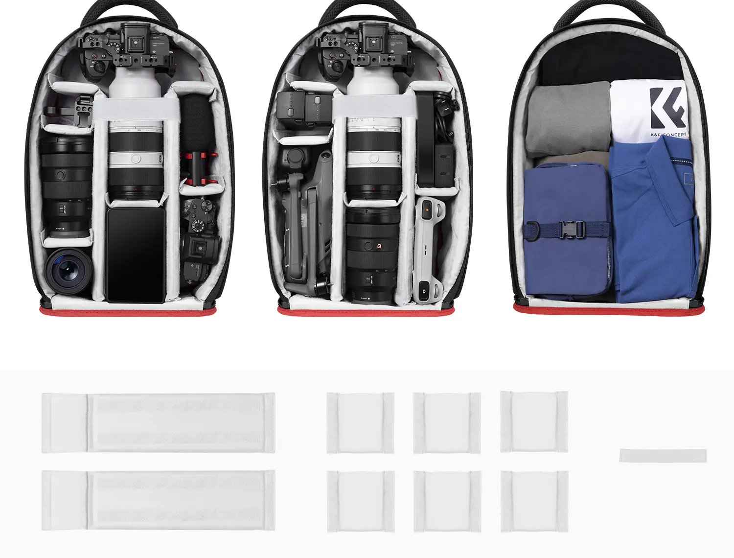 Варианты укладки в рюкзак K&F Beta Backpack 18L: фотокомплект, дрон со стабилизатором и личные вещи, комплект перегородок