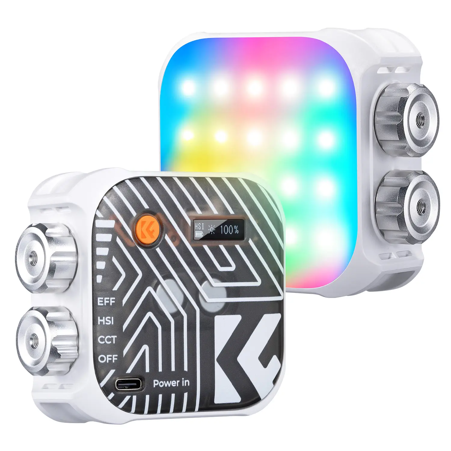 Накамерный RGB-видеосвет K&F Concept 6W (KF34.036V1) — общий вид, белый корпус с поворотными регуляторами и LCD-дисплеем