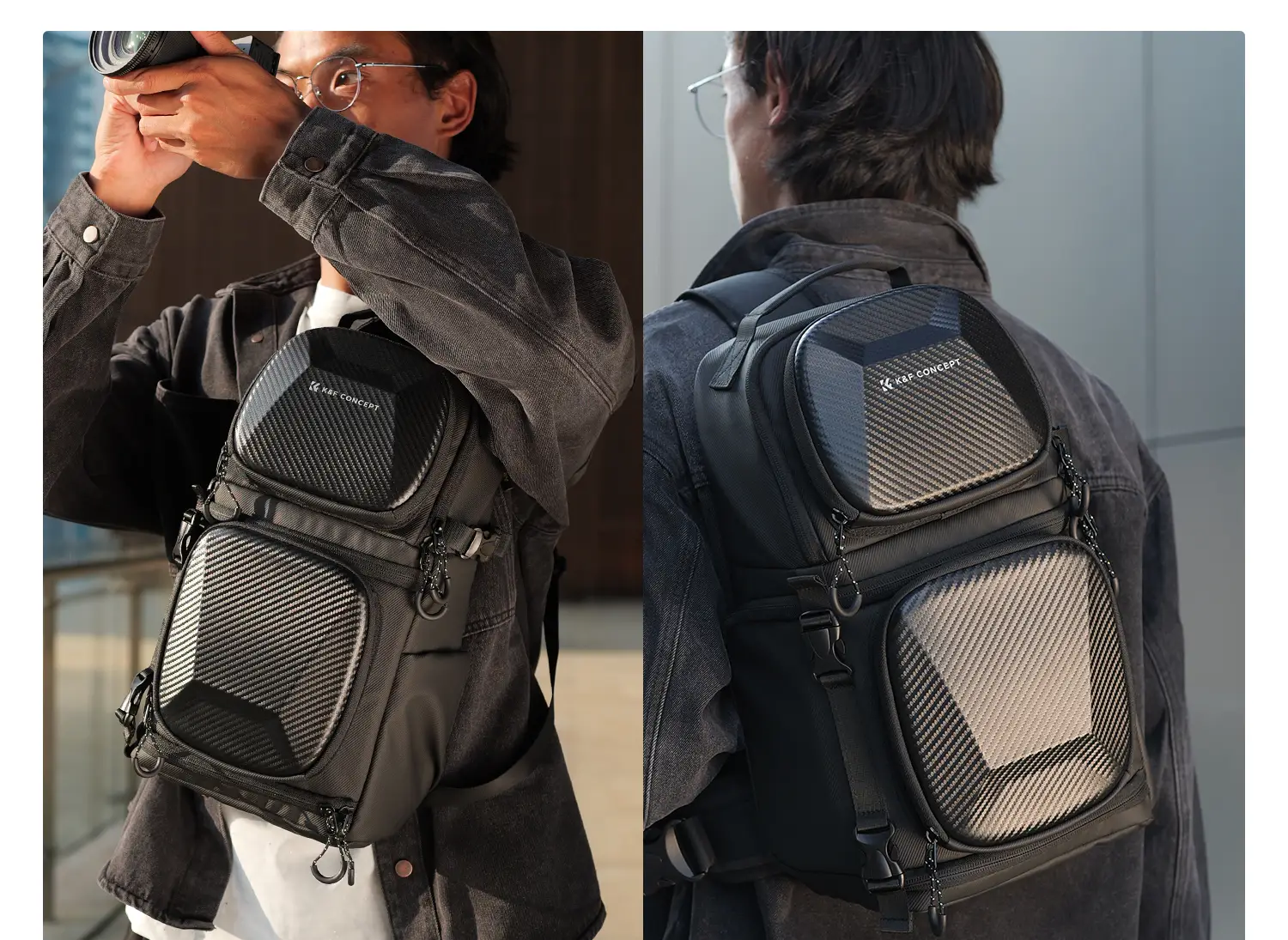 Сумка-слинг K&F Urban Sling 10L в двух сценариях: фотосъёмка и город