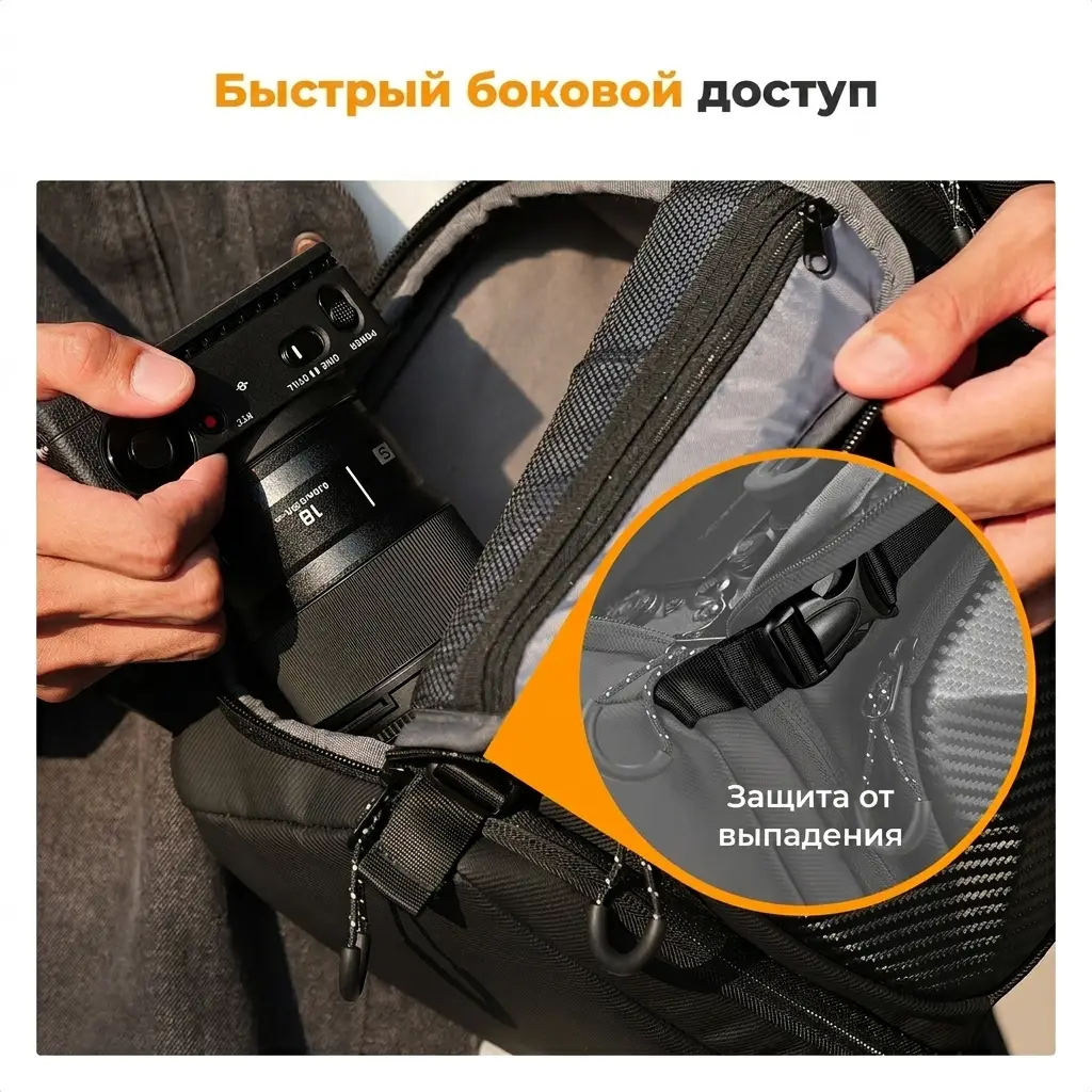 Быстрый боковой доступ к камере у сумки K&F Urban Sling 10L и пряжка защиты от выпадения