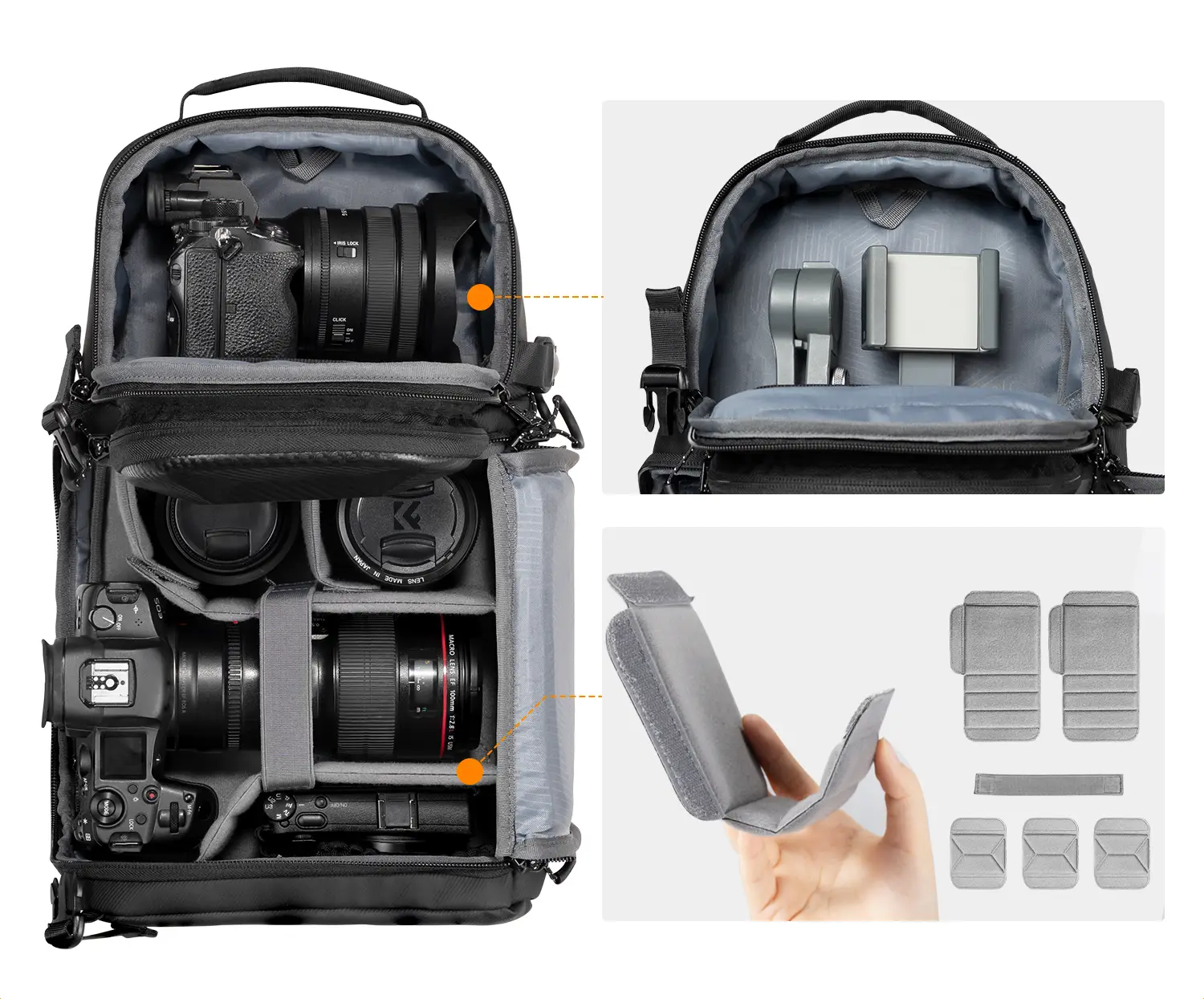 Двойное отделение фотосумки K&F Urban Sling 10L: камера сверху, объективы снизу