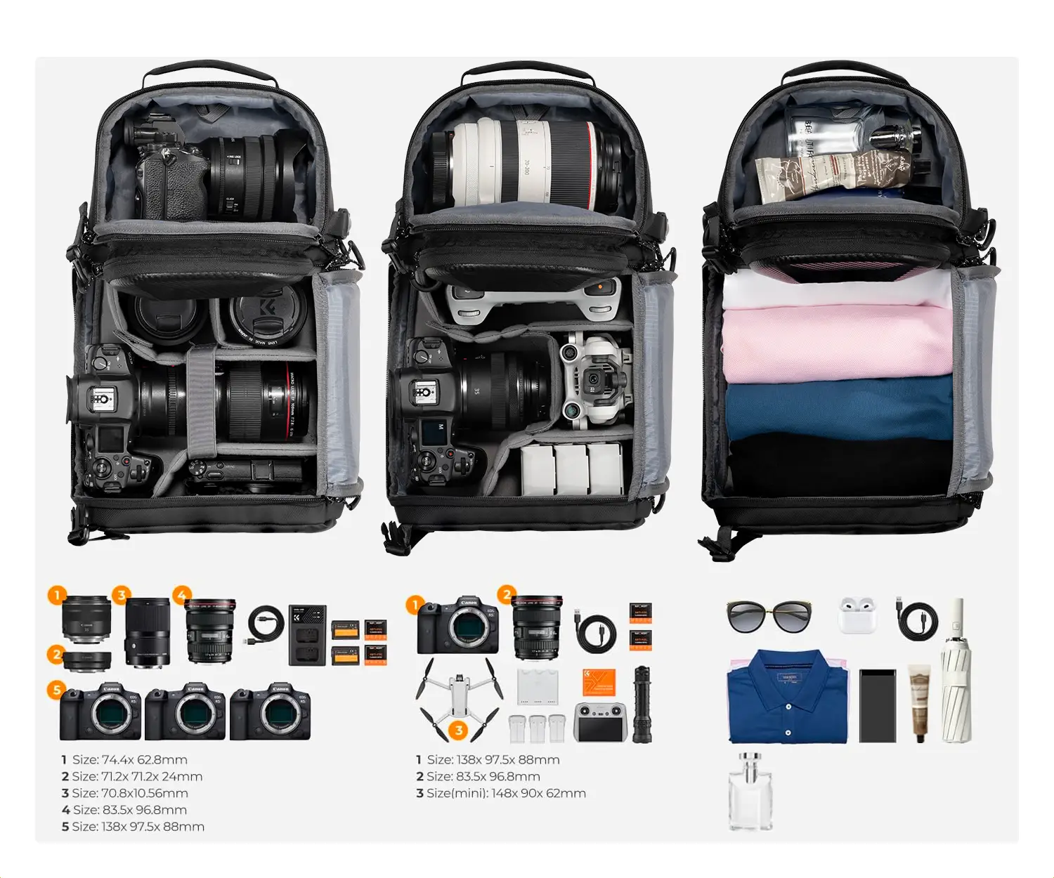 Варианты укладки в фотосумку K&F Urban Sling 10L: фотокомплект, дрон и вещи для поездки