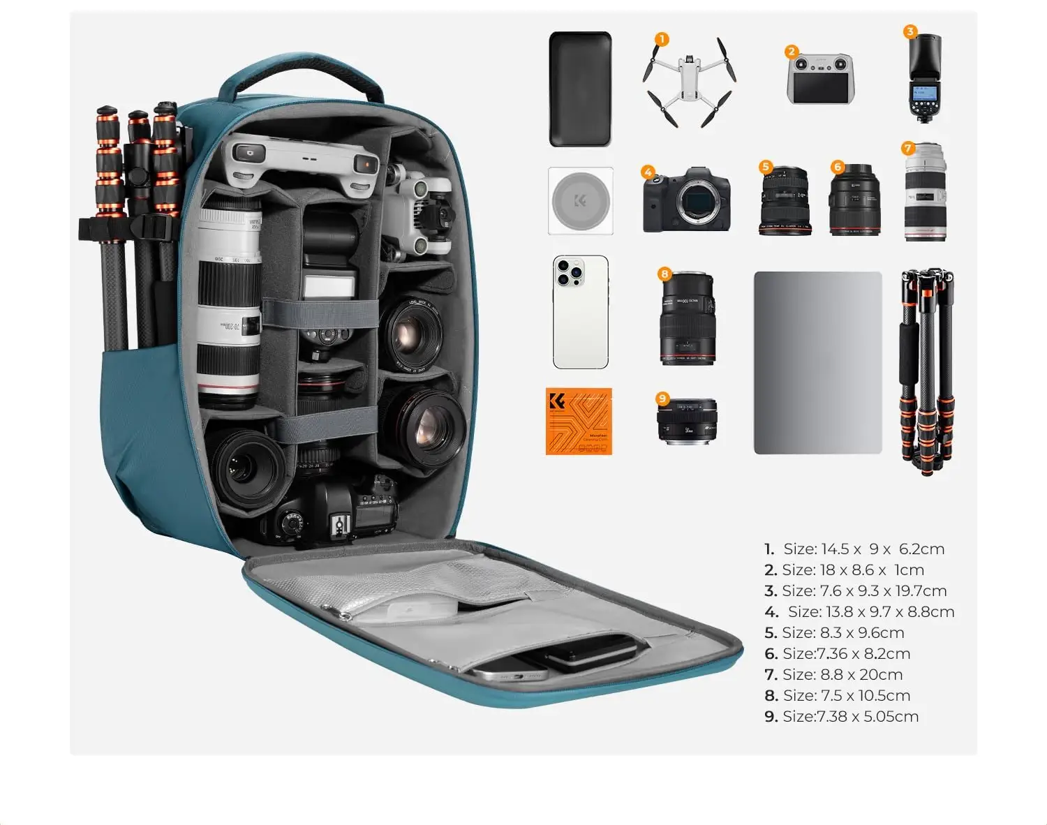 Широкое раскрытие синего фоторюкзака K&F Concept KF13.134V2 с камерой, объективами и дроном