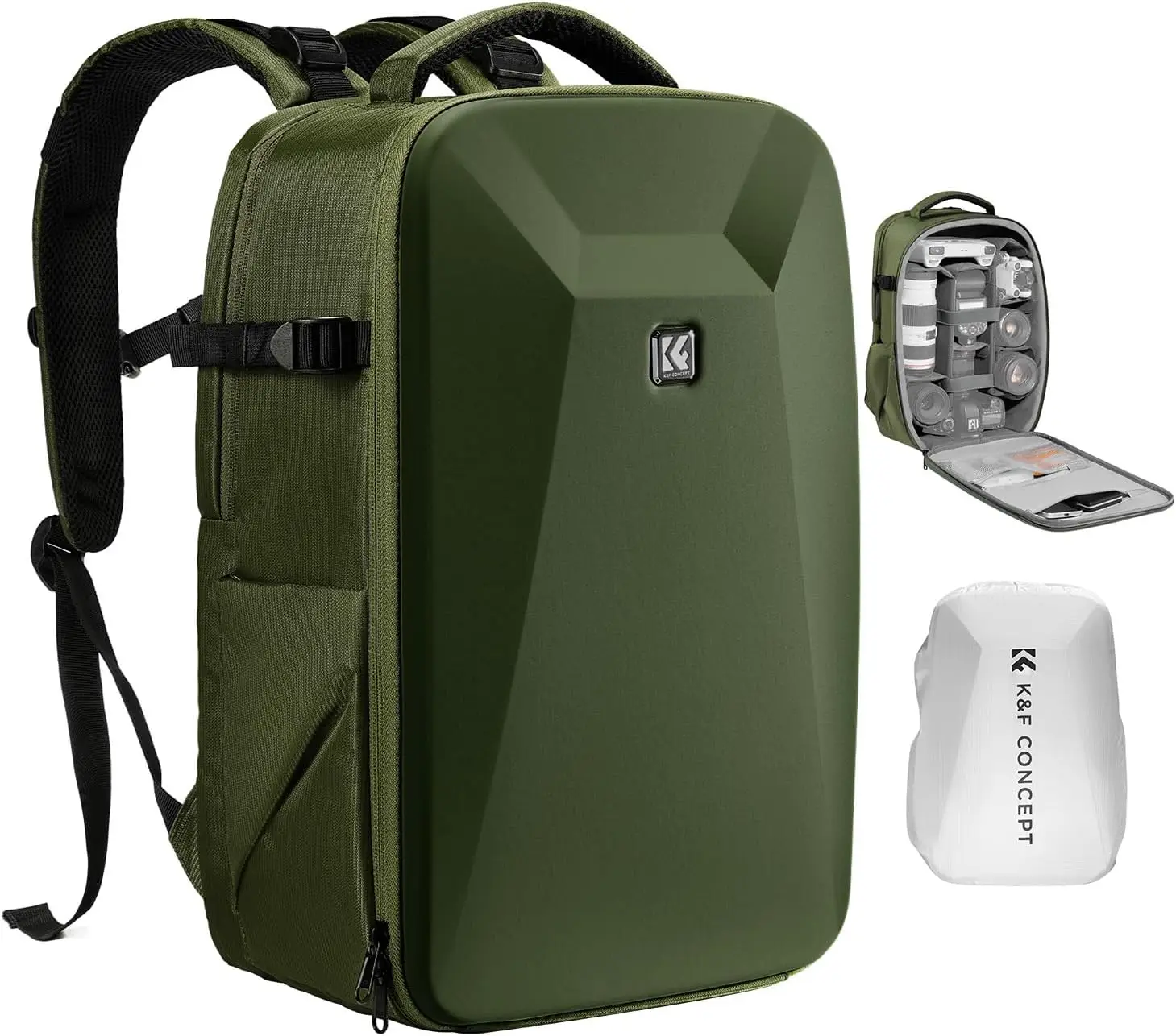 Зелёный фоторюкзак K&F Concept Urban Wander KF13.134V3 с жёстким корпусом, камерой и дождевым чехлом