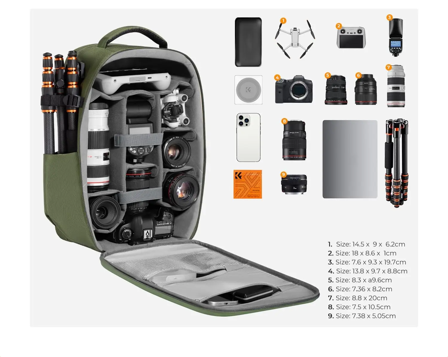 Широкое раскрытие зелёного фоторюкзака K&F Concept KF13.134V3 с камерой, объективами и дроном