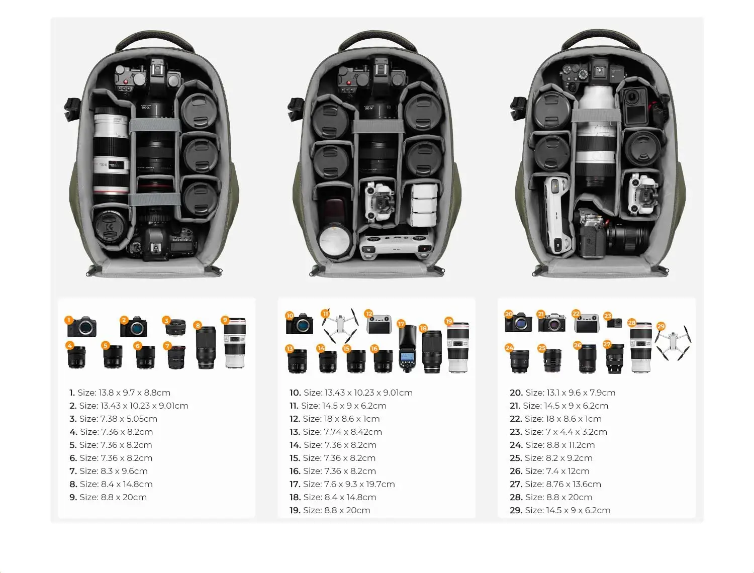 Варианты расстановки перегородок в зелёном фоторюкзаке K&F Concept KF13.134V3
