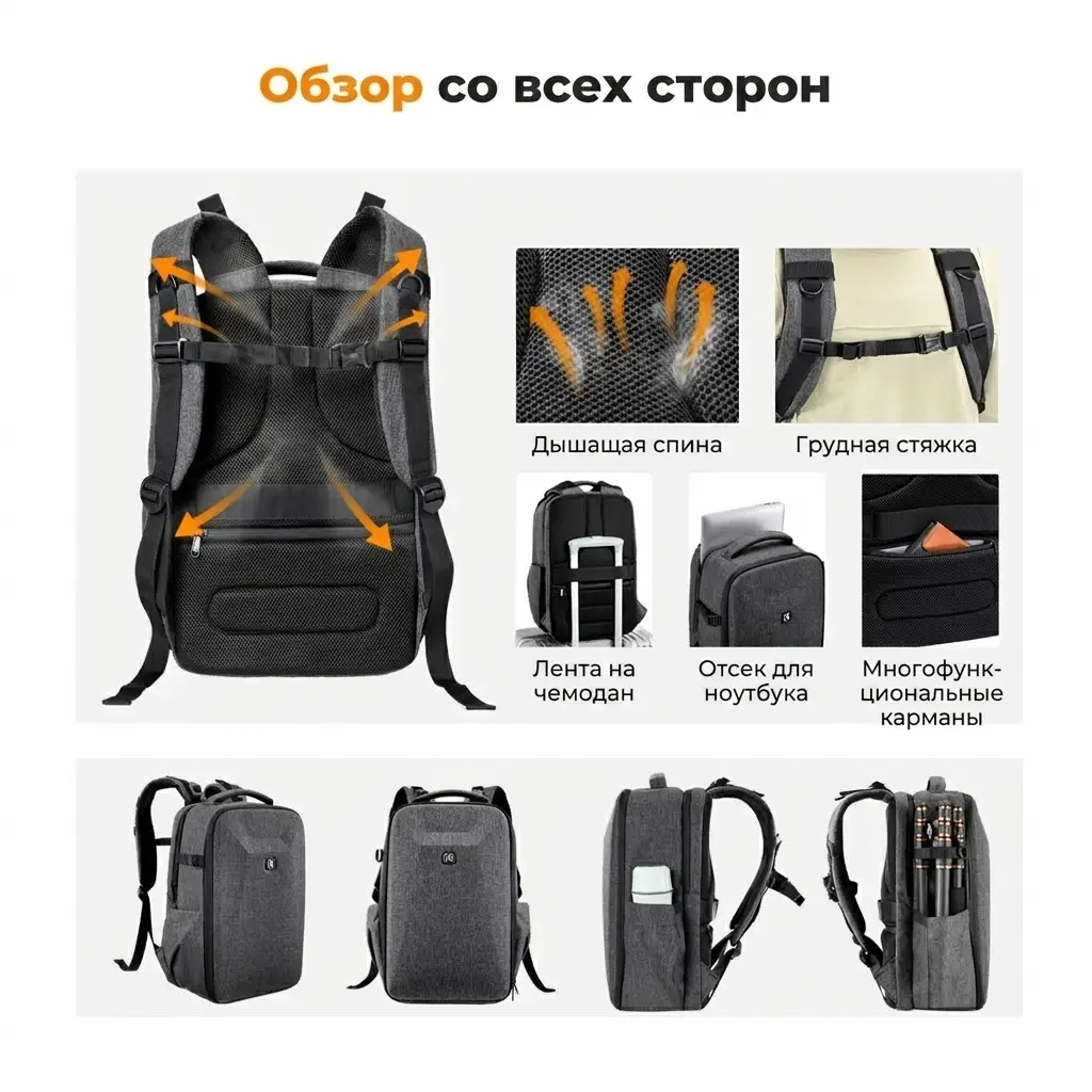 Дышащая спина, грудная стяжка, лента на чемодан и отсек для ноутбука серого рюкзака K&F Concept KF13.134V4