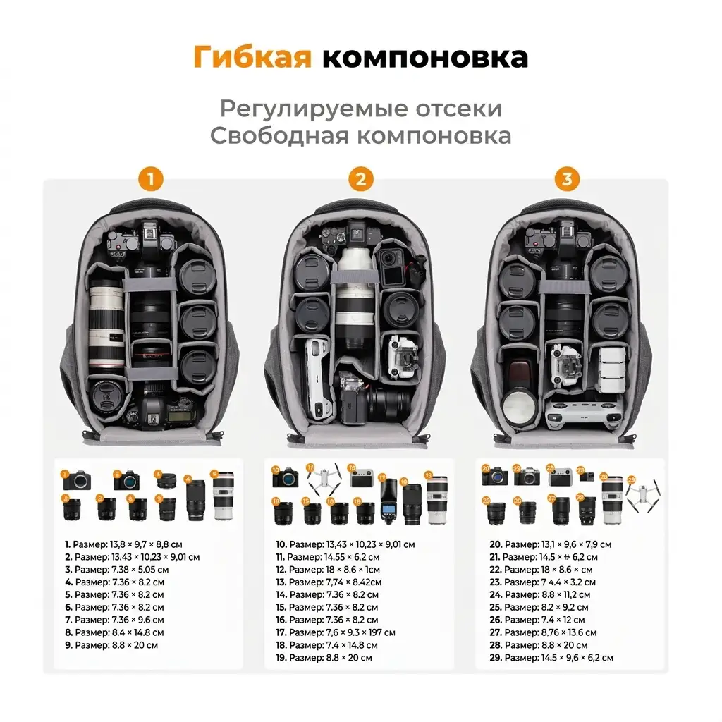 Варианты расстановки перегородок в сером фоторюкзаке K&F Concept KF13.134V4