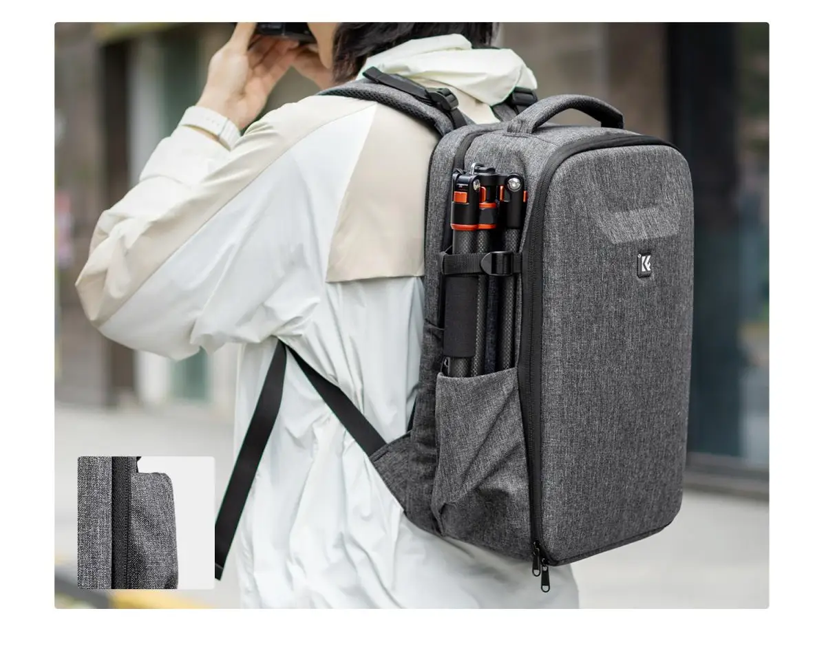 Серый фоторюкзак K&F Concept KF13.134V4 на человеке со штативом в боковом креплении