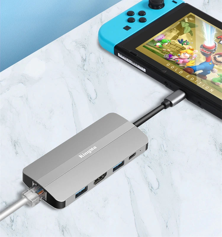 Сетевой кабель подключён к Nintendo Switch через хаб Kingma BMU034