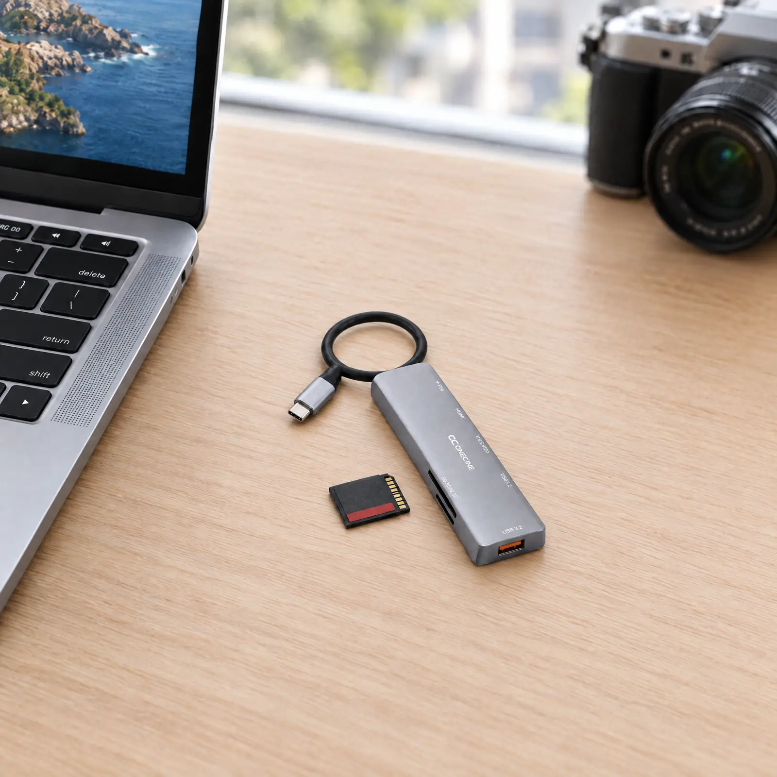 OneCine Link 7 Pro с серебристым штекером USB-C рядом с SD-картой и ноутбуком