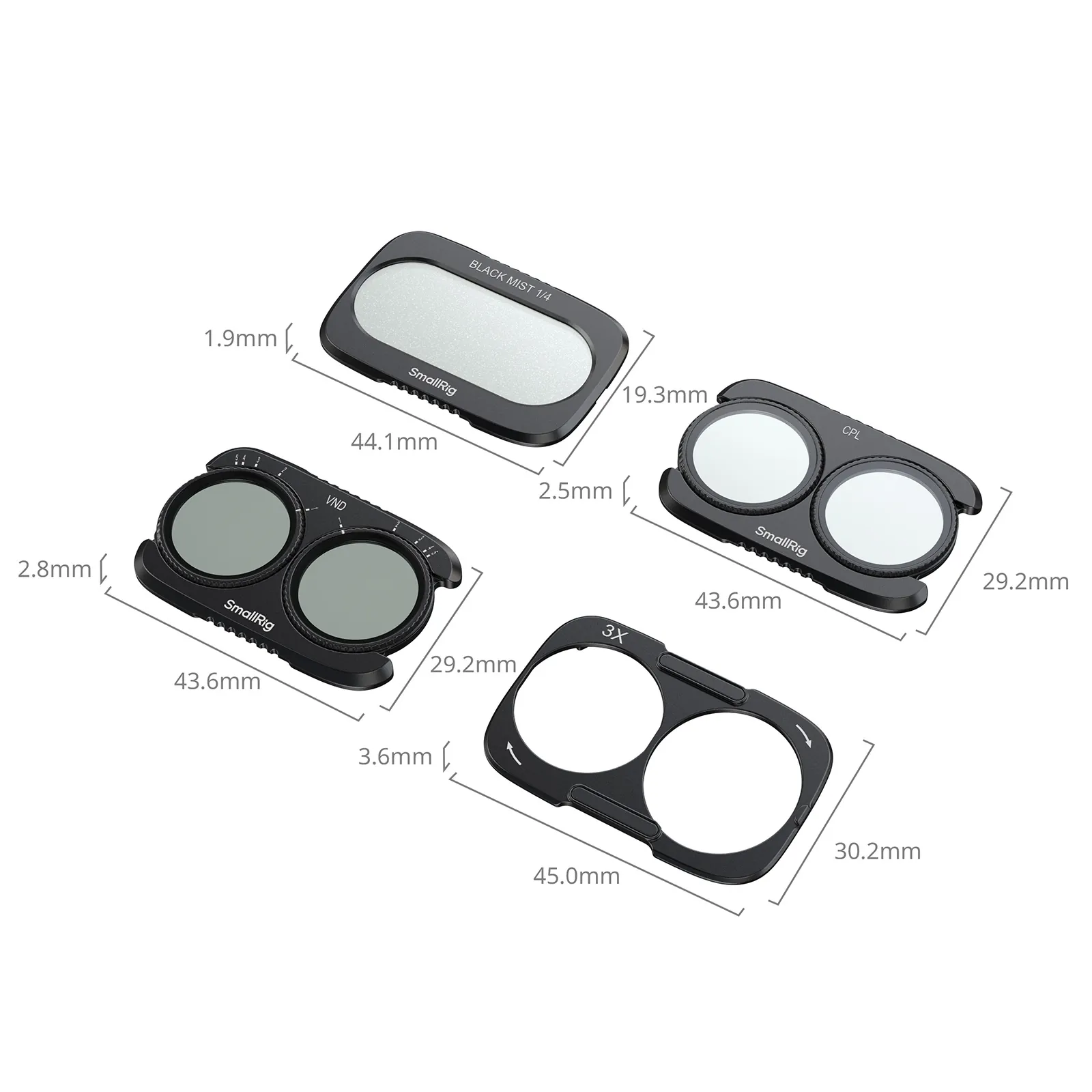 Габариты фильтров и базы набора SmallRig 6477 для DJI Osmo Pocket 4 Pro