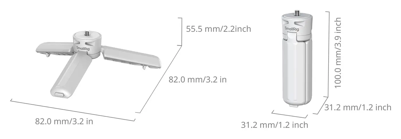 Габариты настольного штатива SmallRig 6795: 82 мм раскрытый, 100 мм сложенный